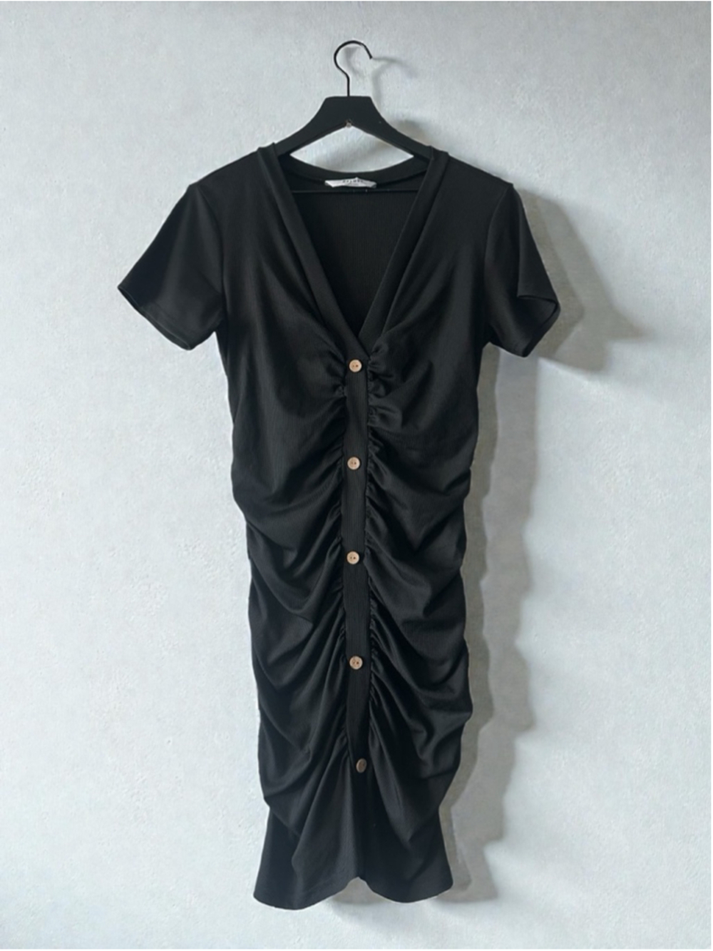 Beyove Black Ruched Bodycon Mini Dress Size L Night Out